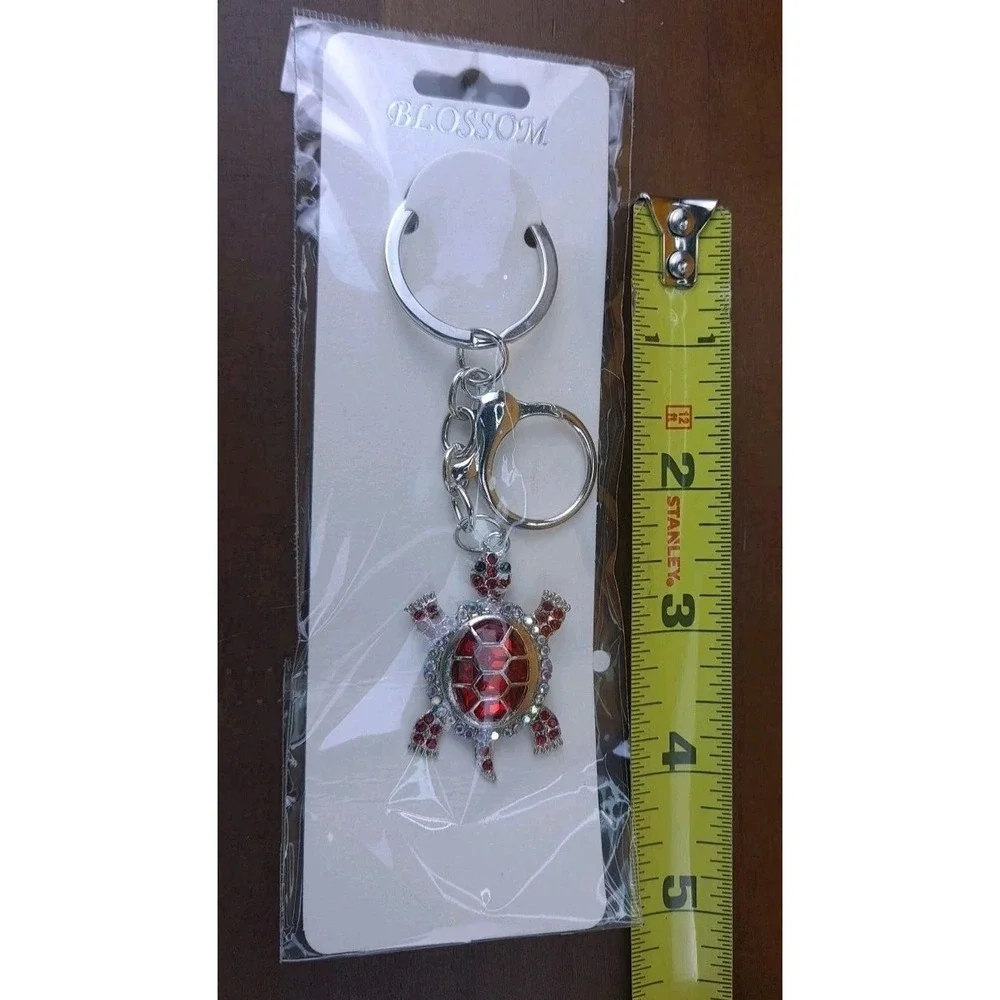 Turtle Red Rhinestone Crystal Silver Tone Keychain‎ Backpack Purse Clip